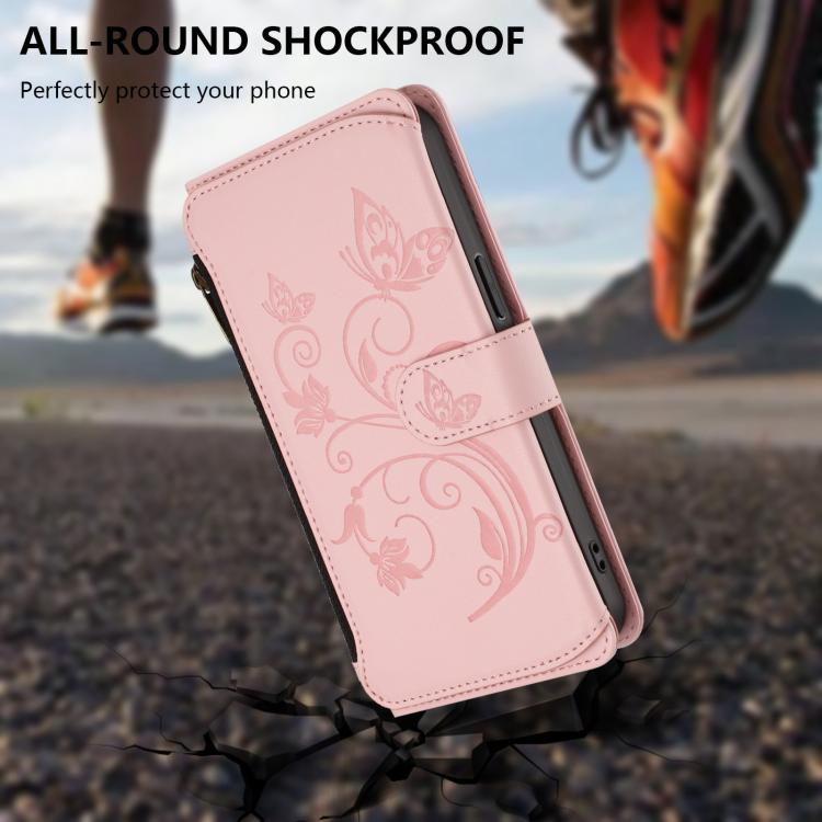 Funda de cuero con cremallera para iPhone 16, diseño de mariposas, flores y amor (rosa)