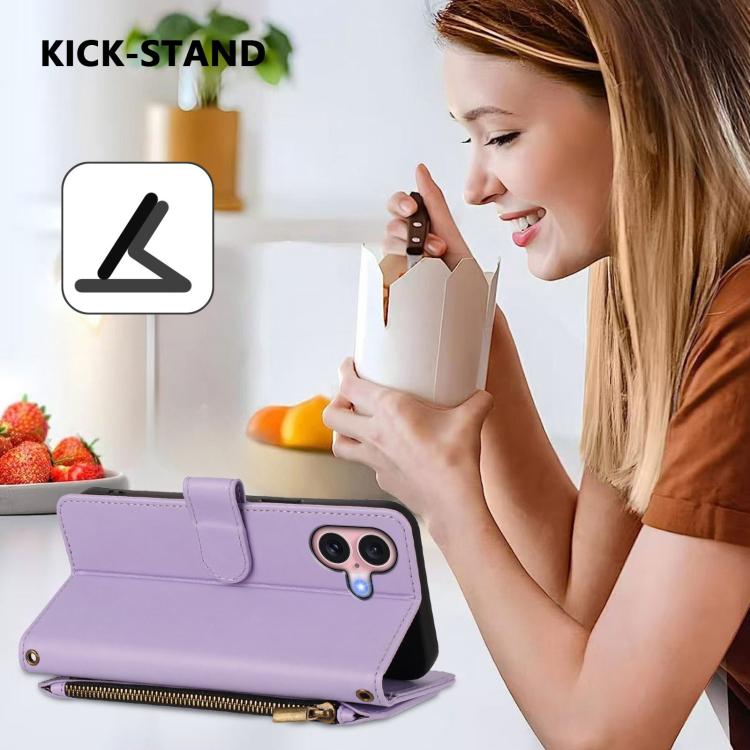 Funda de cuero con cremallera para iPhone 16, diseño de mariposas, flores y amor (morado claro)