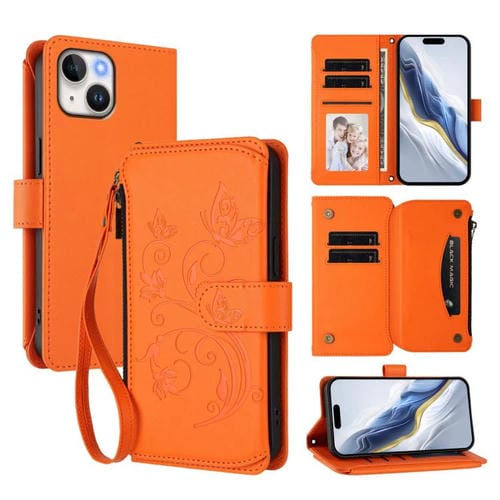 Funda de cuero con cremallera para iPhone 15 Plus, diseño de mariposas, flores y amor (naranja)