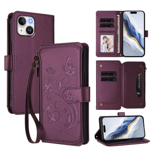 Funda de cuero con cremallera para iPhone 14 Plus, diseño de mariposas, flores y amor (morado oscuro)