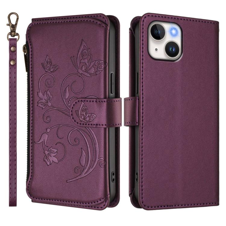 Funda de cuero con cremallera para iPhone 14/13, diseño de mariposas, flores y múltiples tarjetas (morado oscuro)