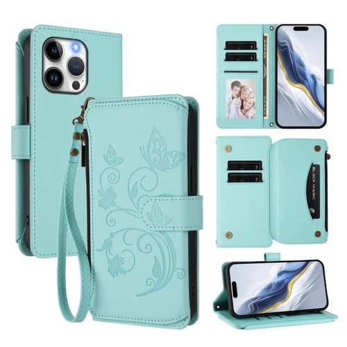 Funda de cuero con cremallera para iPhone 14 Pro, diseño de mariposas, flores y amor (verde menta)