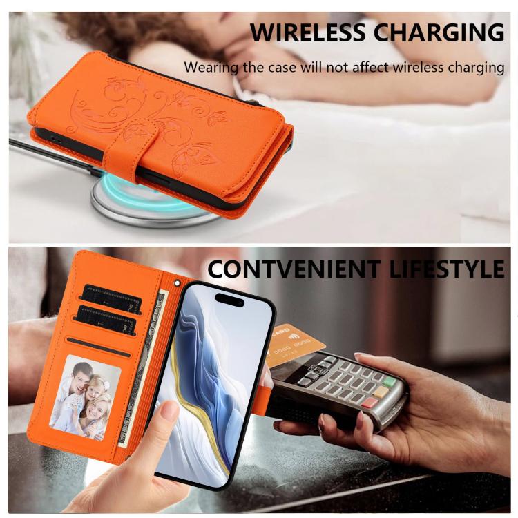 Funda de cuero con cremallera para iPhone 14 Pro Max, diseño de mariposas, flores y amor, con múltiples tarjetas (naranja)