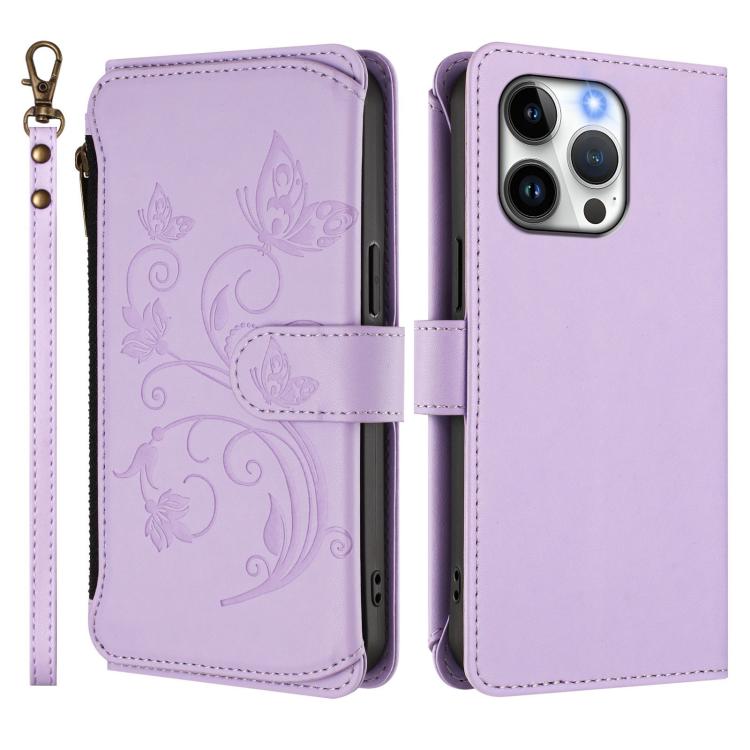 Funda de cuero con cremallera para iPhone 14 Pro Max, diseño de mariposas, flores y amor (morado claro)