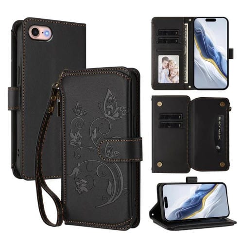 Funda de cuero con cremallera para iPhone 7/8/SE 2022, diseño de mariposas, flores y amor (negro)