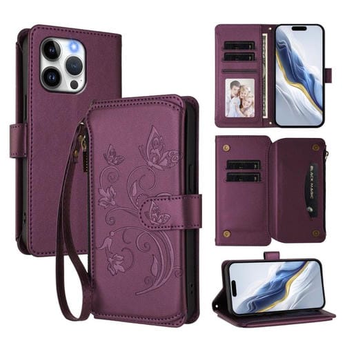 Funda de cuero con cremallera para iPhone 13 Pro, diseño de mariposas, flores y amor (morado oscuro)