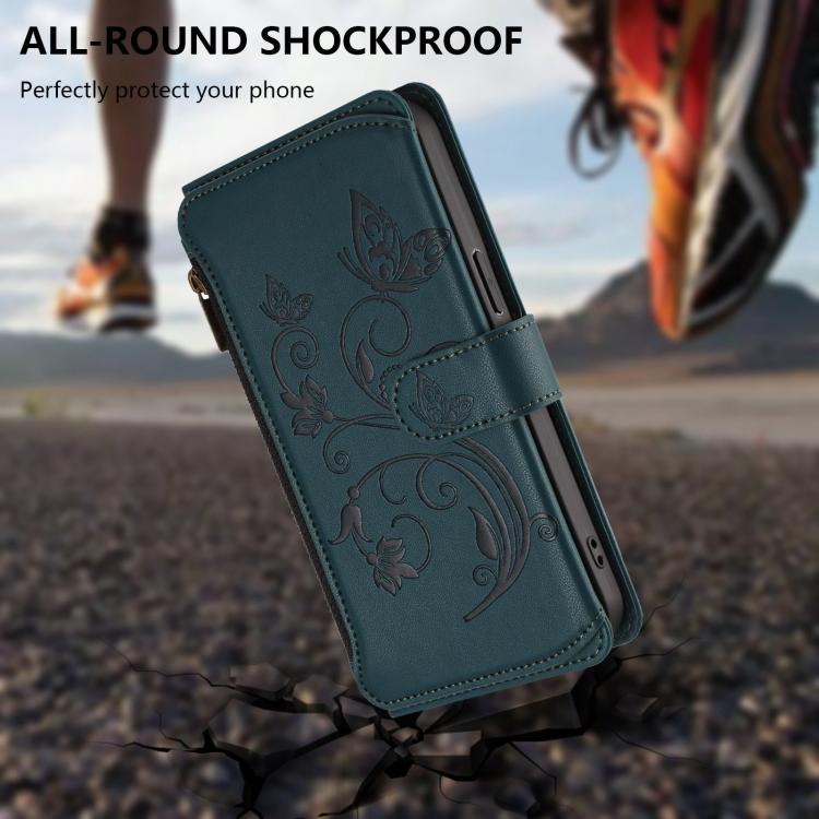 Funda de cuero con cremallera para iPhone 13 mini, diseño de mariposas, flores y amor, con múltiples tarjetas (verde oscuro)