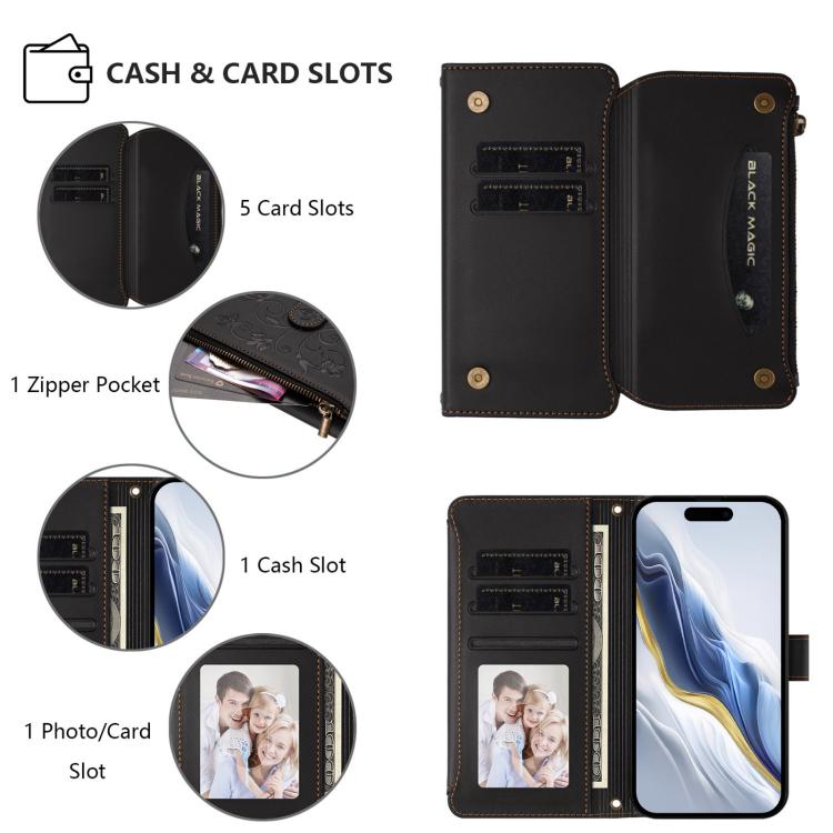 Funda de cuero con cremallera para iPhone 13 mini, diseño de mariposas, flores y amor, con múltiples tarjetas (negro)