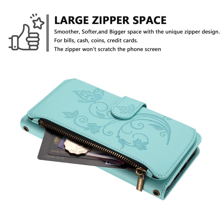 Funda de cuero con cremallera para iPhone 13 mini, diseño de mariposas, flores y amor, con múltiples tarjetas (verde menta)