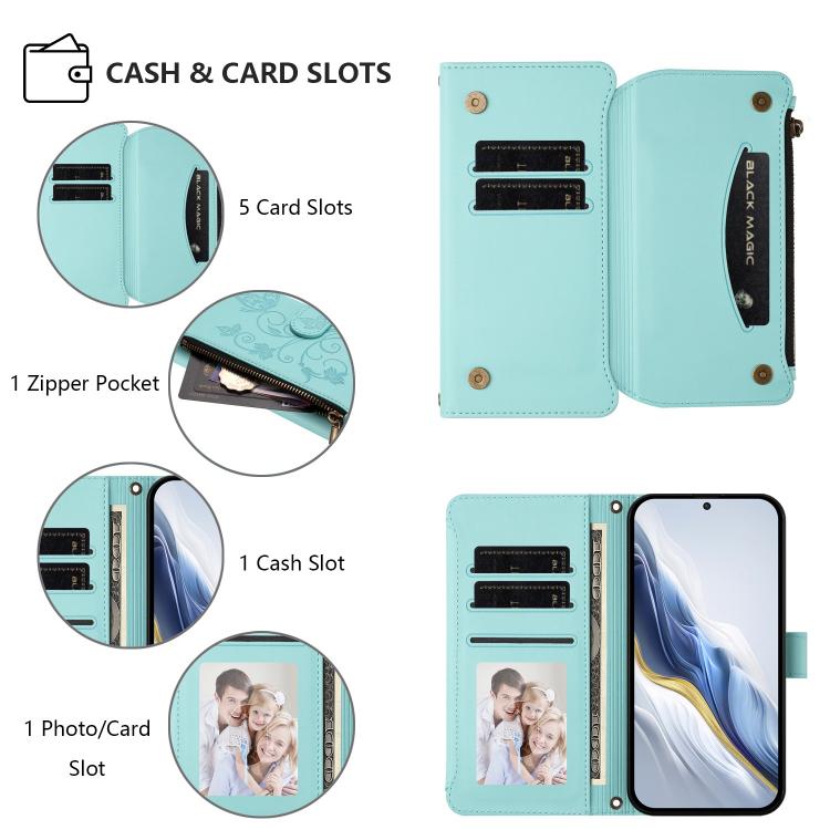 Funda de cuero con cremallera para iPhone 13 mini, diseño de mariposas, flores y amor, con múltiples tarjetas (verde menta)