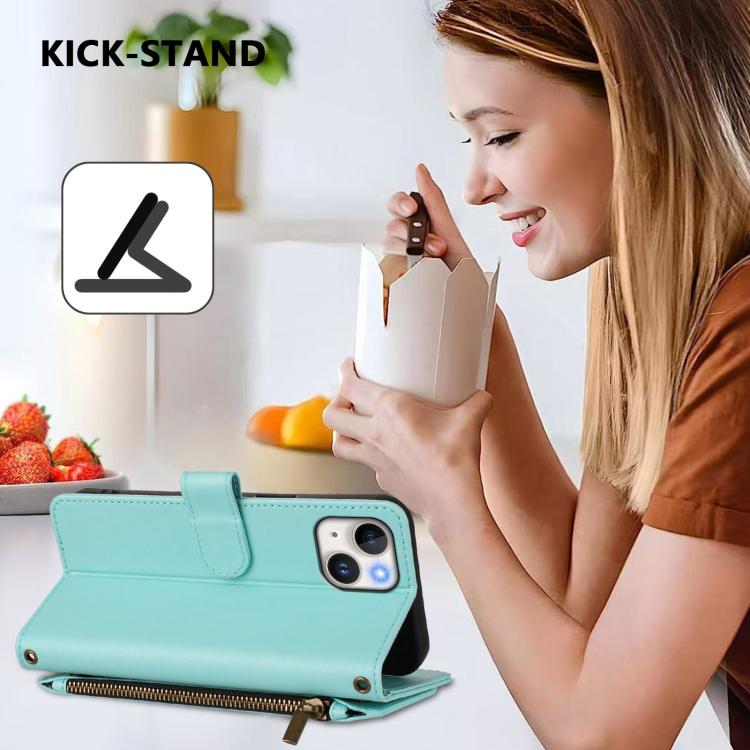 Funda de cuero con cremallera para iPhone 13 mini, diseño de mariposas, flores y amor, con múltiples tarjetas (verde menta)