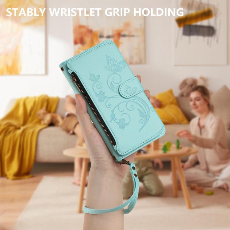 Funda de cuero con cremallera para iPhone 13 mini, diseño de mariposas, flores y amor, con múltiples tarjetas (verde menta)