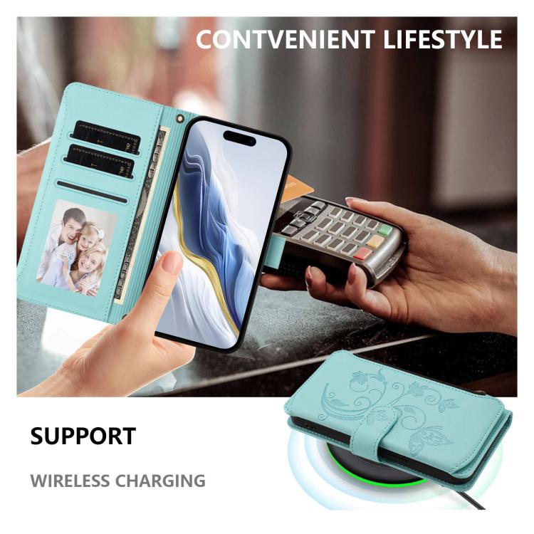 Funda de cuero con cremallera para iPhone 13 mini, diseño de mariposas, flores y amor, con múltiples tarjetas (verde menta)