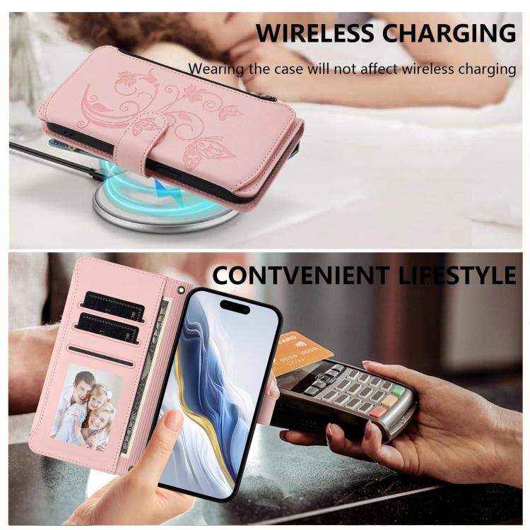 Funda de cuero con cremallera para iPhone 13 mini, diseño de mariposas, flores y amor, con múltiples tarjetas (rosa)