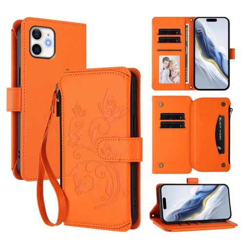 Funda de cuero con cremallera para iPhone 12/12 Pro, diseño de mariposas, flores y amor, con múltiples tarjetas (naranja)