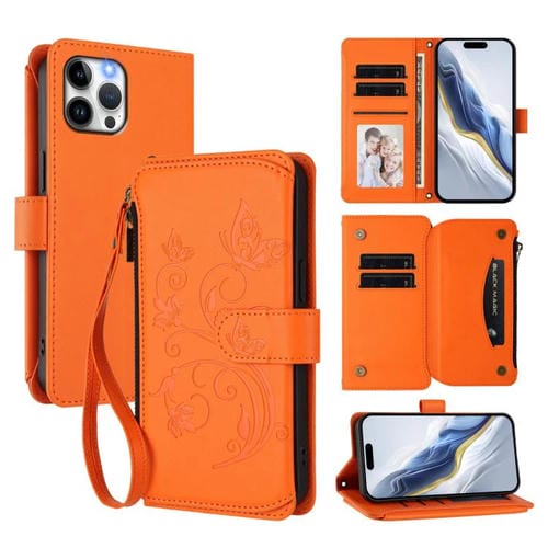 Funda de cuero con cremallera para iPhone 12 Pro Max, diseño de mariposas, flores y amor (naranja)