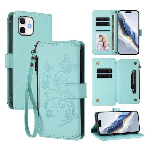Funda de cuero con cremallera para iPhone 12 mini, diseño de mariposas, flores y amor, con múltiples tarjetas (verde menta)