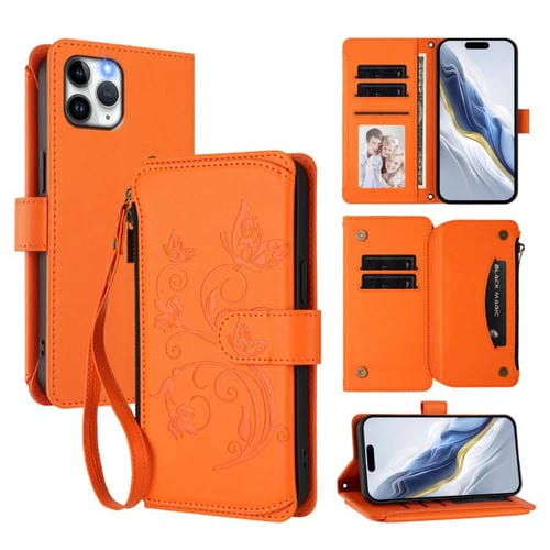 Funda de cuero con cremallera para iPhone 11 Pro Max, diseño de mariposas, flores y amor (naranja)