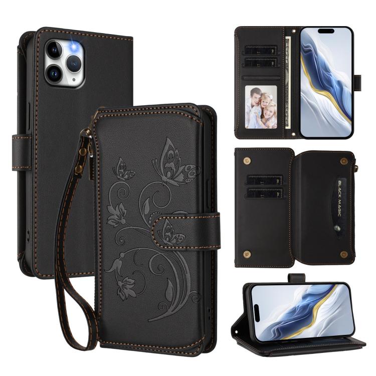 Funda de cuero con cremallera para iPhone 11 Pro Max, diseño de mariposas, flores y amor, con múltiples tarjetas (negro)