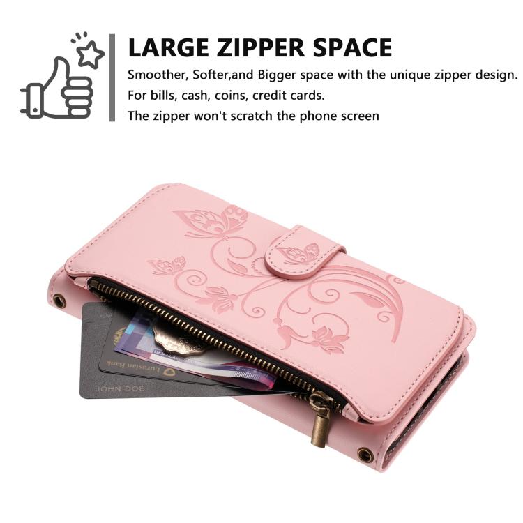 Funda de cuero con cremallera para iPhone 11, diseño de mariposas, flores y amor (rosa)