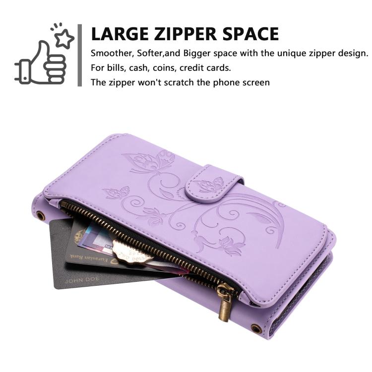 Funda de cuero con cremallera para iPhone 11, diseño de mariposas, flores y amor (morado claro)