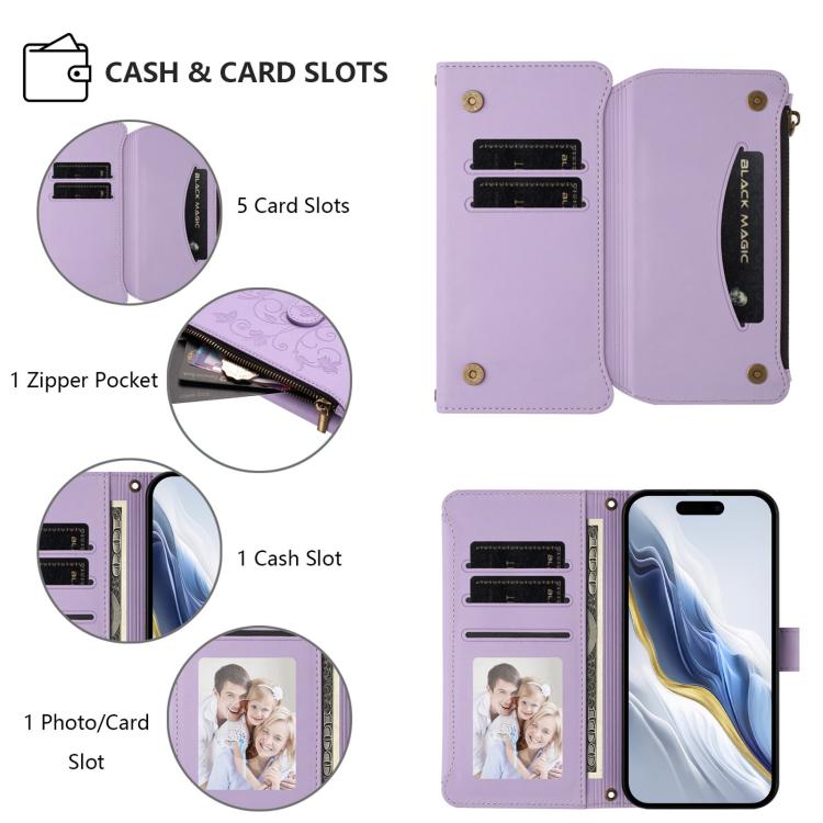 Funda de cuero con cremallera para iPhone 11, diseño de mariposas, flores y amor (morado claro)
