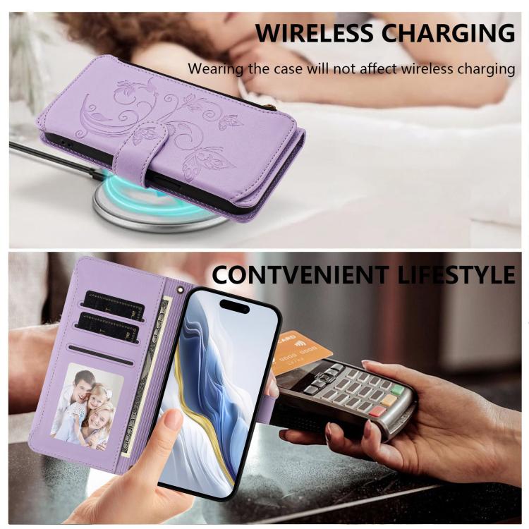 Funda de cuero con cremallera para iPhone 11, diseño de mariposas, flores y amor (morado claro)