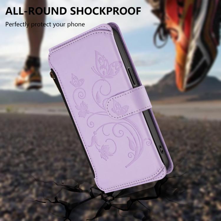 Funda de cuero con cremallera para iPhone 11 Pro, diseño de mariposas, flores y amor (morado claro)