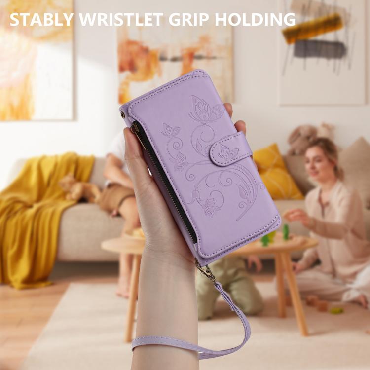 Funda de cuero con cremallera para iPhone 11 Pro, diseño de mariposas, flores y amor (morado claro)
