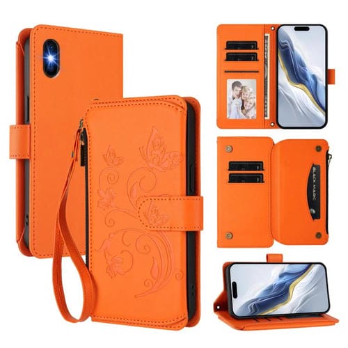 Funda de cuero con cremallera para iPhone X/XS, diseño de mariposas, flores y amor, con múltiples tarjetas (naranja)