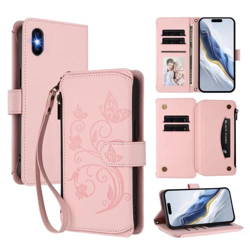 Funda de cuero con cremallera para iPhone X/XS, diseño de mariposas, flores y amor, con múltiples tarjetas (rosa)