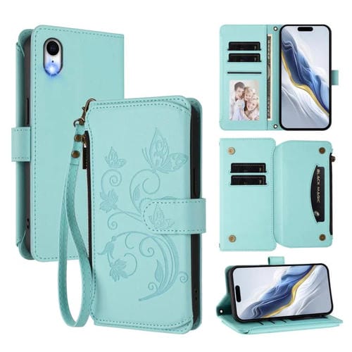 Funda de cuero con cremallera para iPhone XR, diseño de mariposas, flores y amor, con múltiples tarjetas (verde menta)