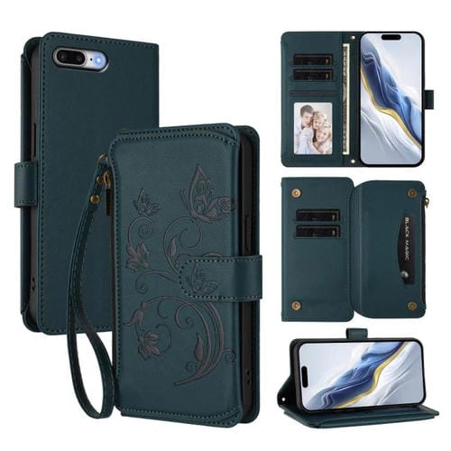 Funda de cuero con cremallera para iPhone 7 Plus/8 Plus, diseño de mariposas, flores y amor (verde oscuro)