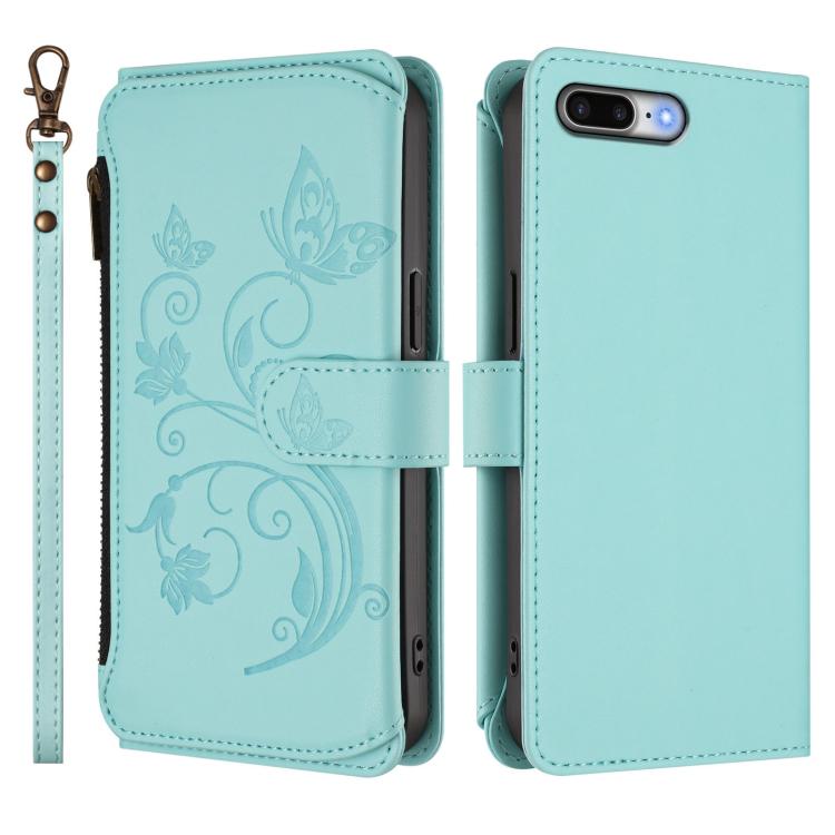 Funda de cuero con cremallera para iPhone 7 Plus/8 Plus, diseño de mariposas, flores y amor (verde menta)