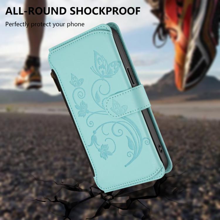Funda de cuero con cremallera para iPhone 7 Plus/8 Plus, diseño de mariposas, flores y amor (verde menta)