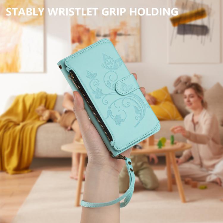 Funda de cuero con cremallera para iPhone 7 Plus/8 Plus, diseño de mariposas, flores y amor (verde menta)