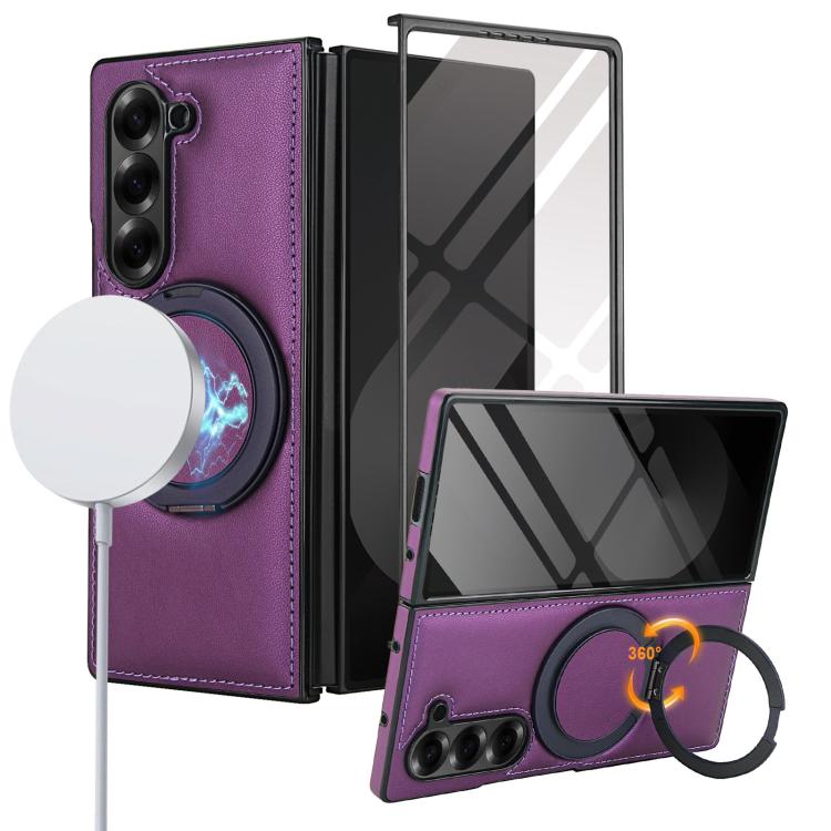 Funda de cuero plegable con soporte giratorio y película MagSafe integrada para Samsung Galaxy Z Fold5 (morado oscuro)