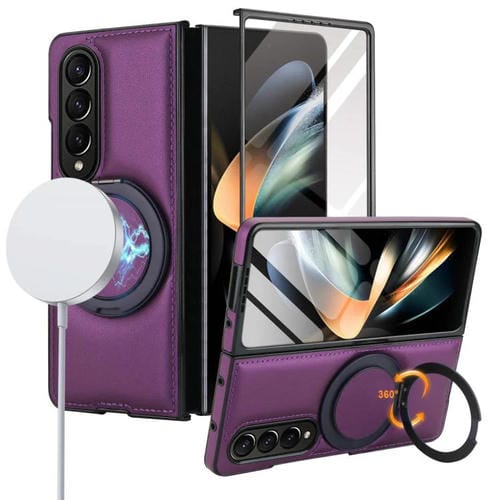 Funda de cuero plegable con soporte giratorio y película MagSafe para Samsung Galaxy Z Fold4 (morado oscuro)