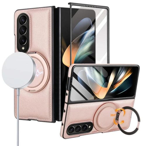 Funda de cuero plegable con soporte giratorio y película MagSafe para Samsung Galaxy Z Fold3 5G (oro rosa)