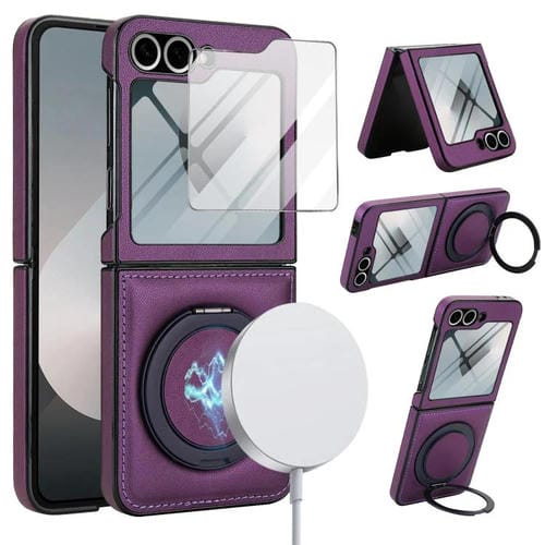 Funda de cuero con soporte giratorio plegable y película MagSafe integrada para Samsung Galaxy Z Flip5 (morado oscuro)