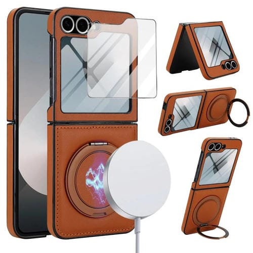 Funda de cuero con soporte giratorio plegable y película MagSafe integrada para Samsung Galaxy Z Flip5 (marrón)