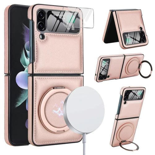 Funda de cuero con soporte giratorio plegable y película MagSafe integrada para Samsung Galaxy Z Flip4 (oro rosa)