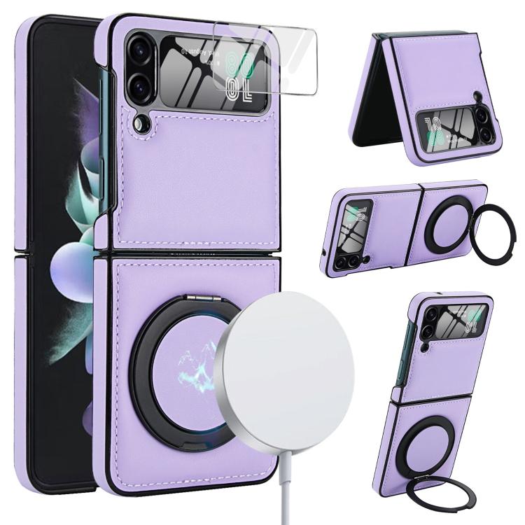 Funda de cuero con soporte giratorio plegable y película MagSafe integrada para Samsung Galaxy Z Flip4 (morado claro)