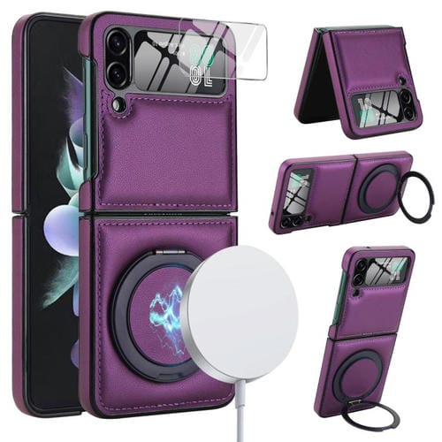 Funda de cuero con soporte giratorio plegable y película MagSafe integrada para Samsung Galaxy Z Flip4 (morado oscuro)