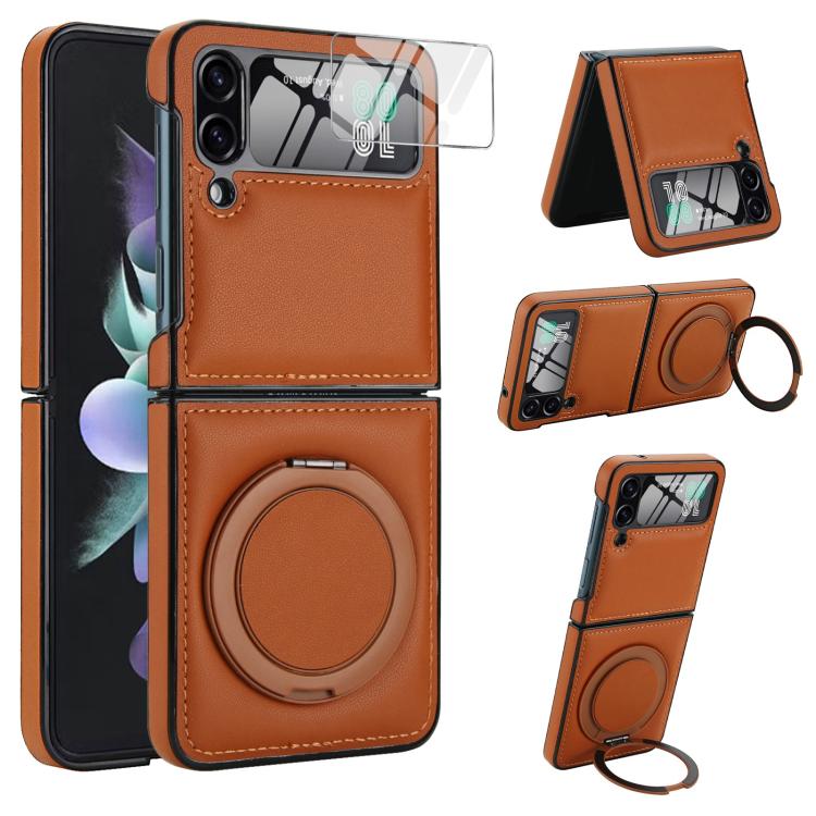 Funda de cuero con soporte giratorio plegable y película MagSafe integrada para Samsung Galaxy Z Flip4 (marrón)