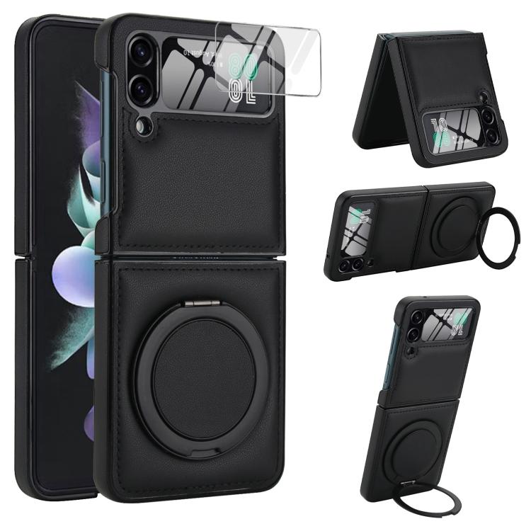 Funda de cuero con soporte giratorio plegable y película MagSafe integrada para Samsung Galaxy Z Flip3 5G (negro)