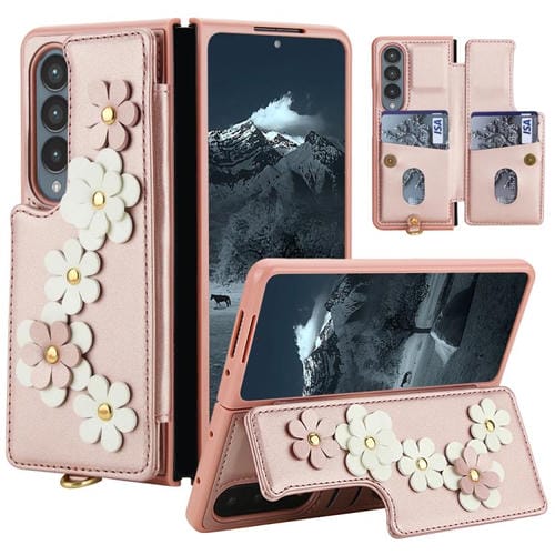 Funda de cuero con estampado floral para Samsung Galaxy Z Fold4 (oro rosa)