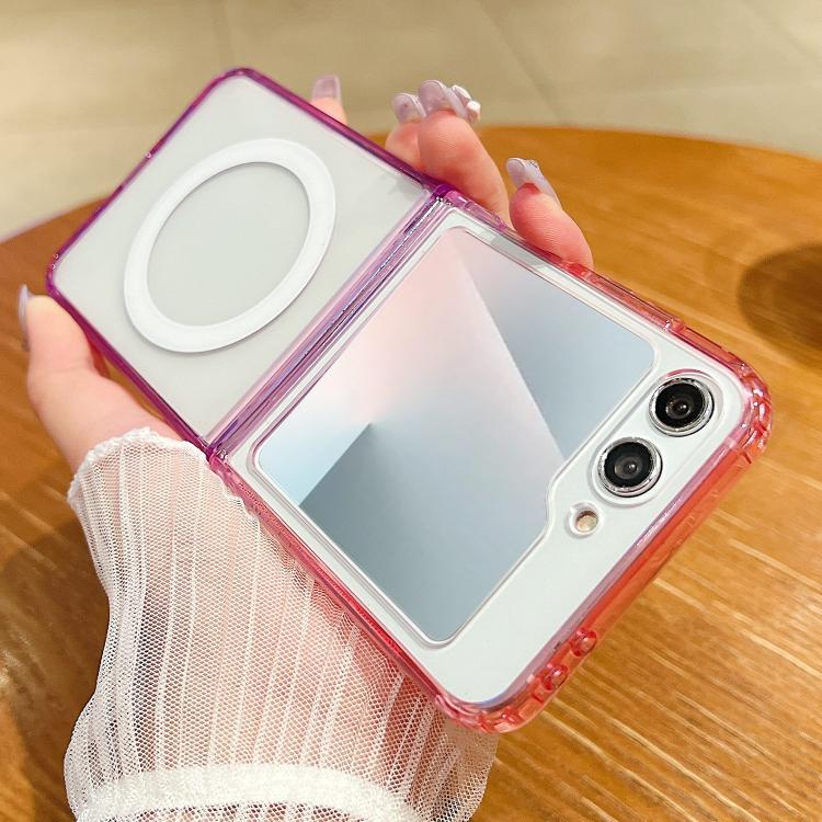Funda MagSafe transparente con degradado de color en contraste para Samsung Galaxy Z Flip7 5G (morado, rosa y morado claro)