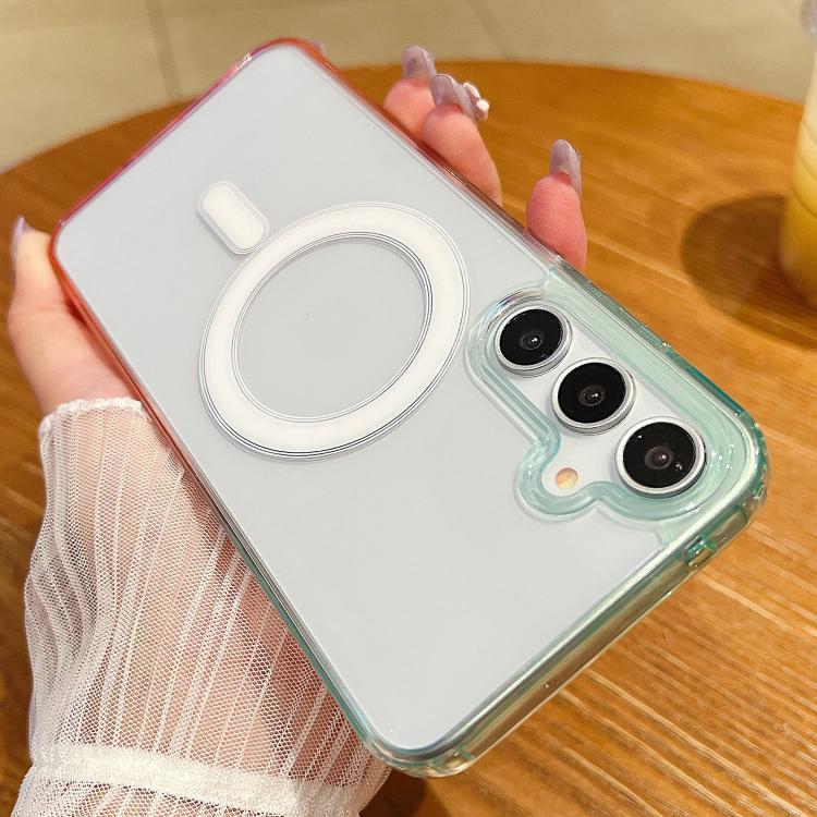 Funda MagSafe transparente con degradado de color en contraste para Samsung Galaxy A05s (azul, verde y rosa)