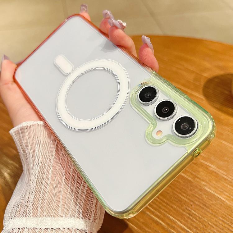 Funda MagSafe transparente con degradado de color para Samsung Galaxy A15 5G/4G (verde fluorescente y rosa claro)